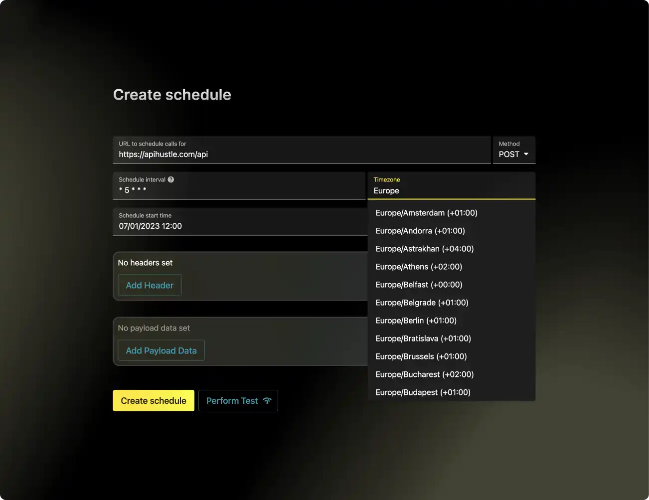 Screenshot of Crontap adding a recurring (scheduled) API call with a timezone set