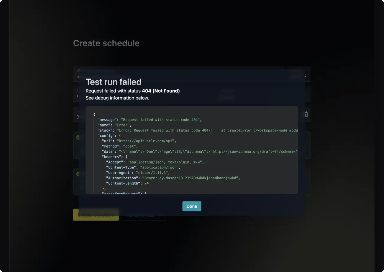 Screenshot of Crontap seeing detailed error of API call to schedule