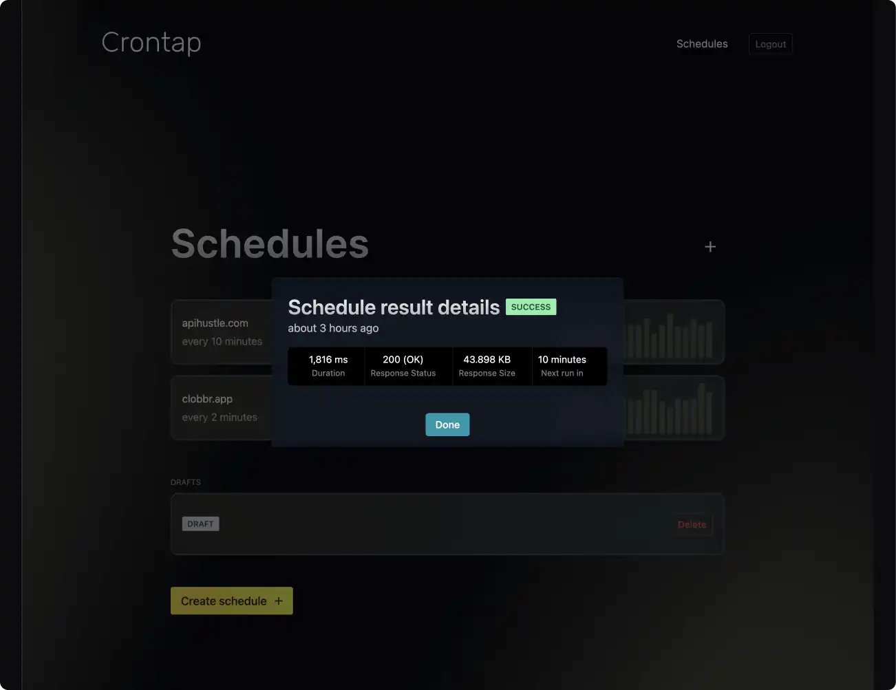 Screenshot of Crontap seeing historical success API calls for a schedule