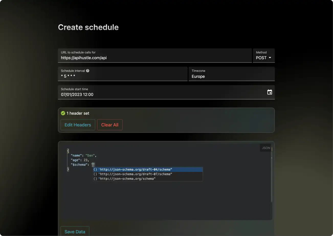 Screenshot of Crontap adding a recurring (scheduled) API call with payload (body) data set