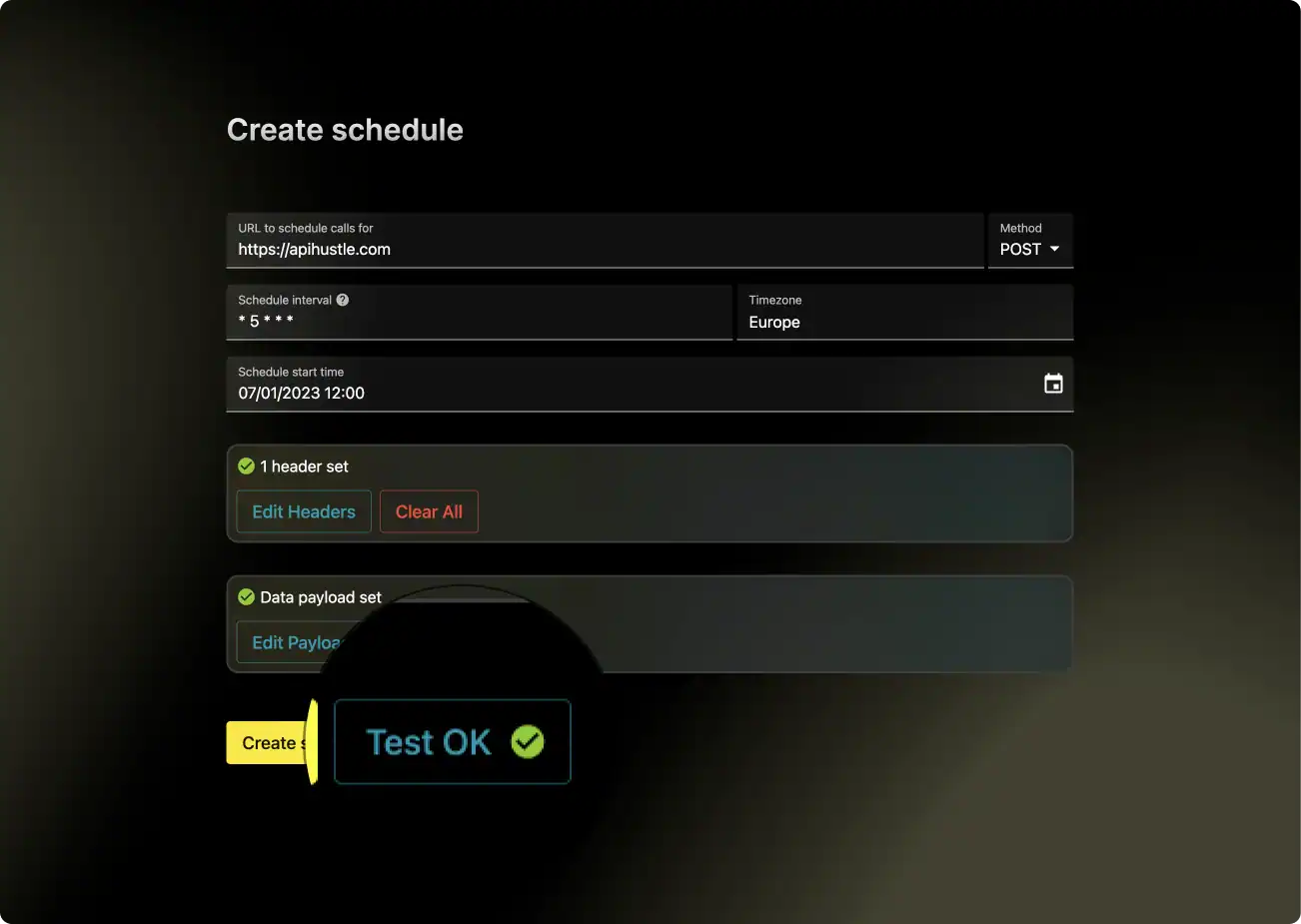 Screenshot of Crontap testing an API call to schedule with a press of a button